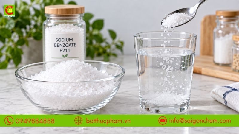 Đặc điểm dạng tinh thể trắng v&agrave; khả năng h&ograve;a tan trong nước của E211