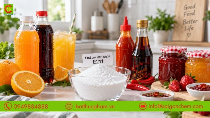 E211 d&ugrave;ng trong sản xuất nước giải kh&aacute;t, tương ớt, nước chấm v&agrave; mứt