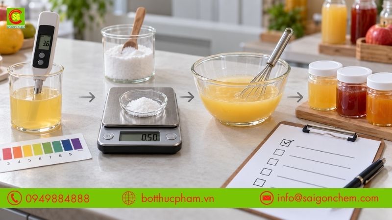 Hướng dẫn sử dụng potassium sorbate từ kiểm tra pH, x&aacute;c định liều lượng đến phối trộn v&agrave; thử nghiệm sản phẩm