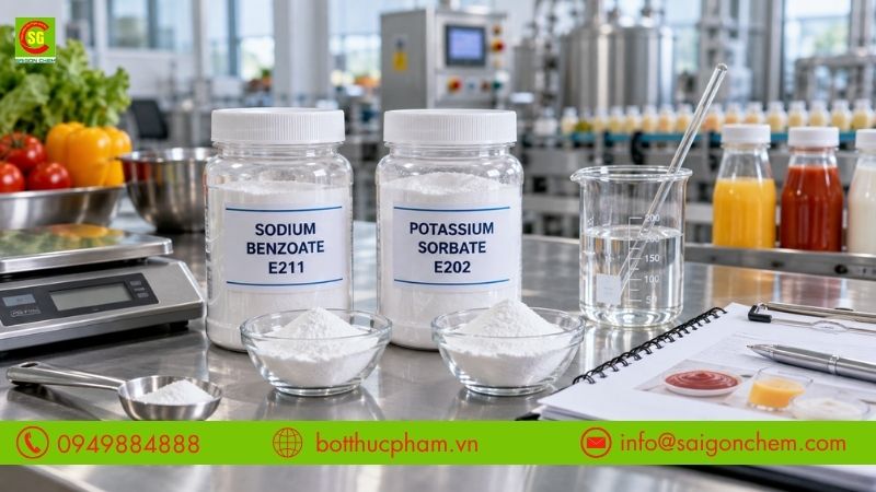 Phối hợp hai phụ gia E211 v&agrave; E202 trong c&ocirc;ng thức sản xuất