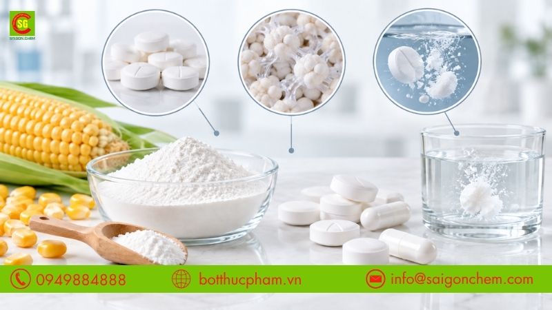 Tinh bột bắp biến t&iacute;nh trong dược phẩm được ứng dụng l&agrave;m t&aacute; dược độn, kết d&iacute;nh v&agrave; hỗ trợ r&atilde; vi&ecirc;n