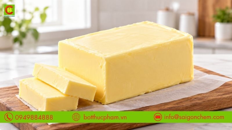 Khối bơ sữa tự nhi&ecirc;n m&agrave;u v&agrave;ng nhạt d&ugrave;ng l&agrave;m nguy&ecirc;n liệu cho c&aacute;c xưởng sản xuất b&aacute;nh