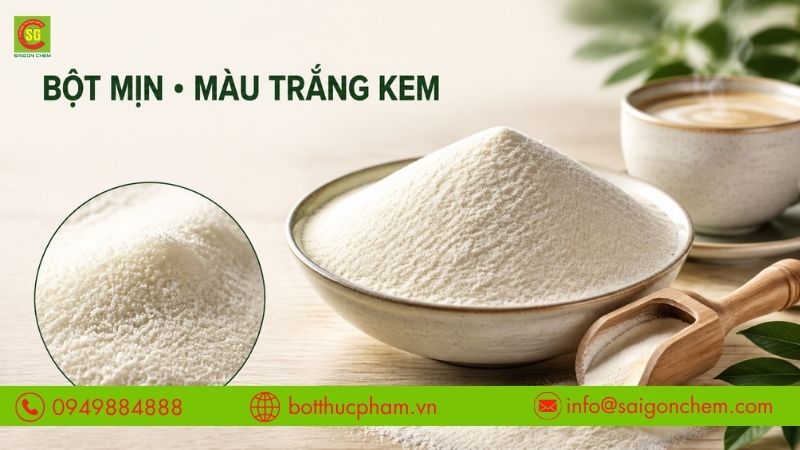 Bột kem b&eacute;o thực vật c&oacute; dạng bột mịn, m&agrave;u trắng kem v&agrave; m&ugrave;i b&eacute;o nhẹ đặc trưng.