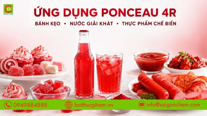 Ponceau 4R được ứng dụng rộng r&atilde;i trong b&aacute;nh kẹo, nước giải kh&aacute;t v&agrave; thực phẩm chế biến.