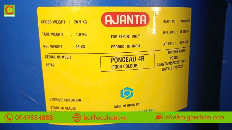 Th&ocirc;ng tin kỹ thuật cơ bản của phẩm m&agrave;u thực phẩm Ponceau 4R (E124).
