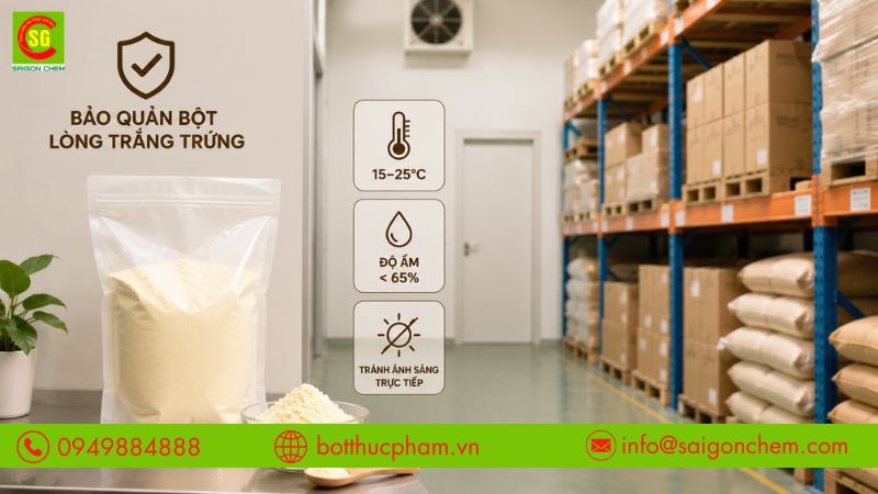 bảo quản bột l&ograve;ng trắng trứng trong kho nguy&ecirc;n liệu sản xuất