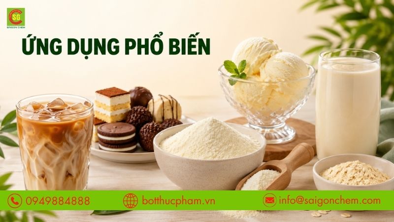 Bột béo được sử dụng phổ biến trong đồ uống, bánh kẹo, kem và thực phẩm dinh dưỡng.