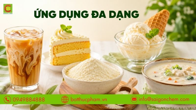 Bột b&eacute;o được ứng dụng rộng r&atilde;i trong pha chế, l&agrave;m b&aacute;nh, kem v&agrave; thực phẩm chế biến.