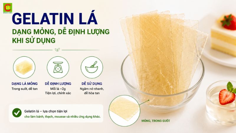 Gelatin l&aacute; dạng mỏng, dễ định lượng khi sử dụng. 
