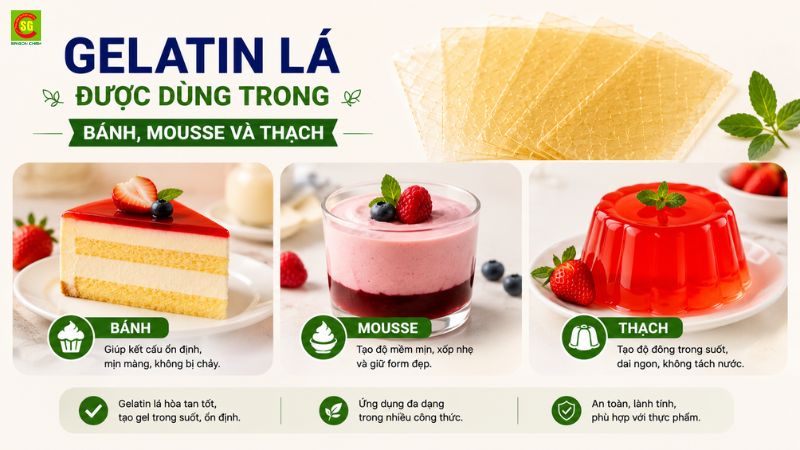 Gelatin l&aacute; được d&ugrave;ng trong b&aacute;nh, mousse v&agrave; thạch. 