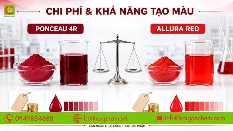 Đ&aacute;nh gi&aacute; chi ph&iacute; v&agrave; khả năng tạo m&agrave;u của từng loại phẩm m&agrave;u. 