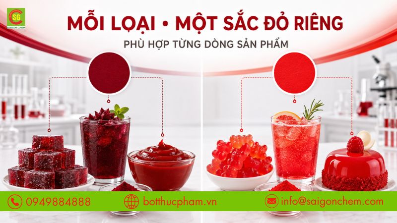Mỗi loại tạo sắc đỏ kh&aacute;c nhau, ph&ugrave; hợp từng d&ograve;ng sản phẩm. 