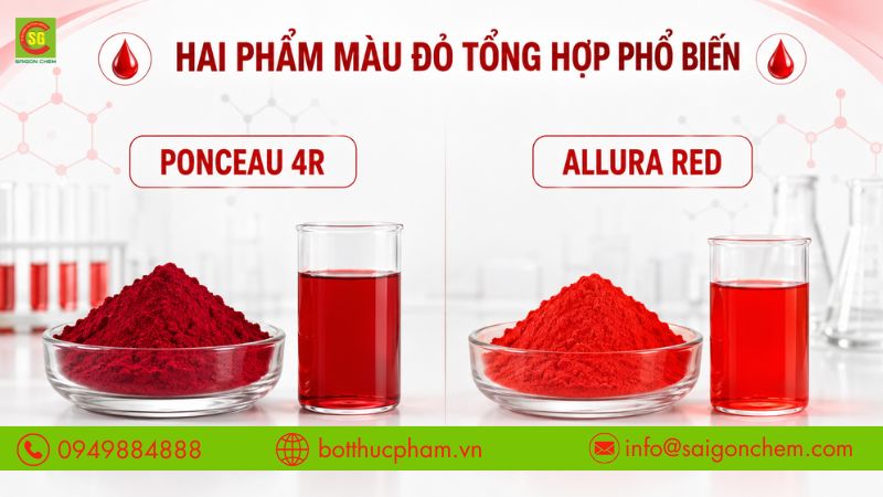 Ponceau 4R v&agrave; Allura Red l&agrave; hai phẩm m&agrave;u đỏ tổng hợp phổ biến. 