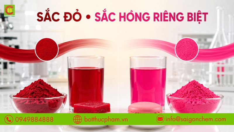Mỗi phẩm màu tạo sắc đỏ và hồng với đặc tính riêng.