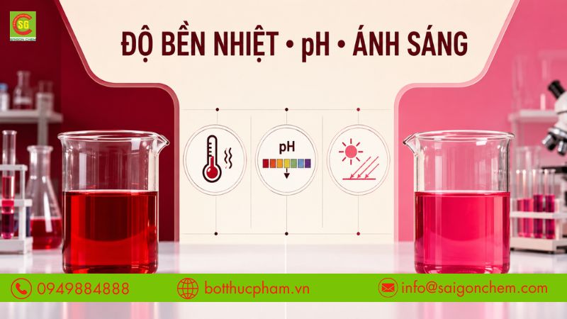 So sánh độ bền nhiệt, pH và ánh sáng của hai phẩm màu.