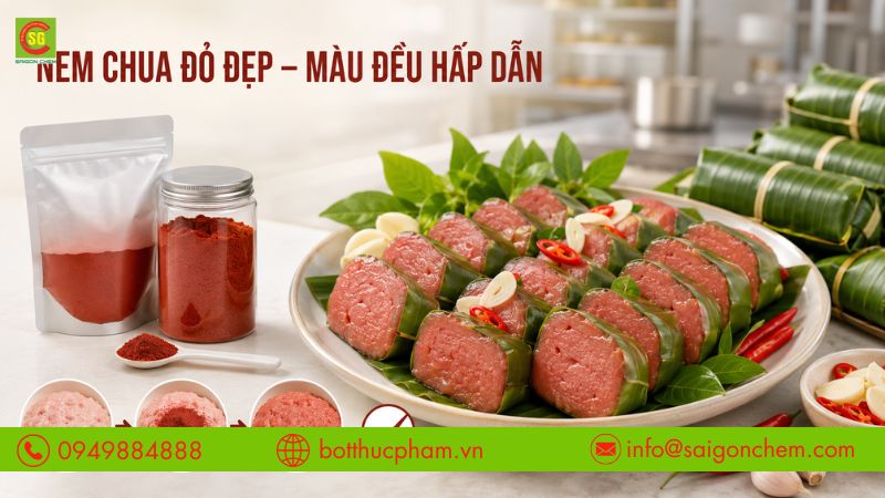 M&agrave;u gạch t&ocirc;m gi&uacute;p nem chua l&ecirc;n m&agrave;u đỏ đẹp v&agrave; đồng đều. 
