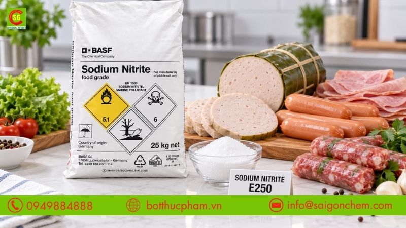 Muối đỏ sodium nitrite E250 d&ugrave;ng trong chế biến thực phẩm