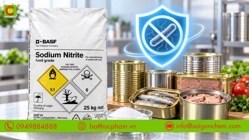 D&ugrave;ng Sodium Nitrite gi&uacute;p ức chế vi khuẩn botulinum trong thực phẩm đ&oacute;ng hộp