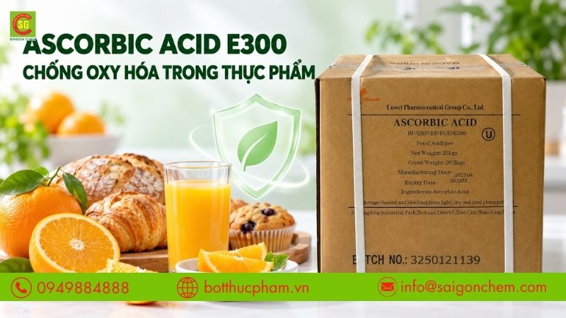 Ascorbic Acid E300 c&oacute; vai tr&ograve; chống oxy h&oacute;a trong thực phẩm.