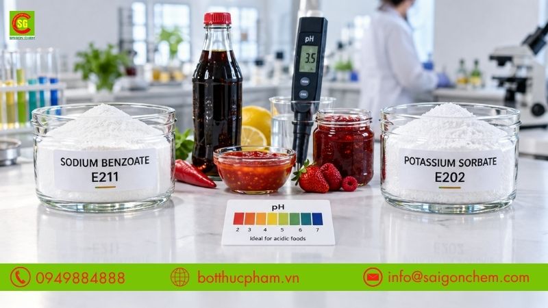 Đối chiếu phổ t&aacute;c dụng độ pH v&agrave; đặc t&iacute;nh cảm quan của E211 v&agrave; E202