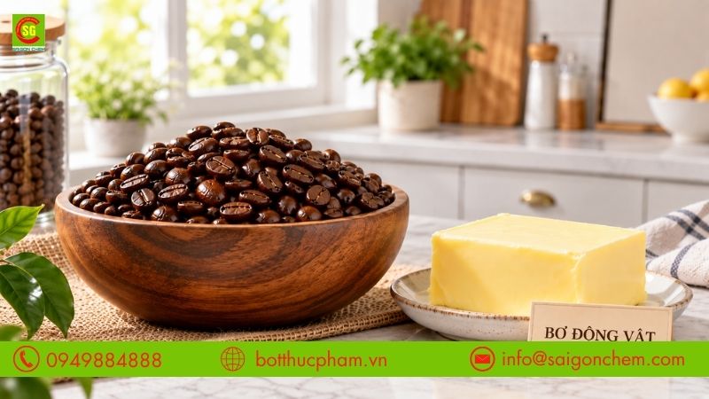 D&ugrave;ng bơ động vật rang xay c&agrave; ph&ecirc; gi&uacute;p tạo lớp &aacute;o b&oacute;ng v&agrave; hương vị b&eacute;o đặc trưng cho hạt c&agrave; ph&ecirc;