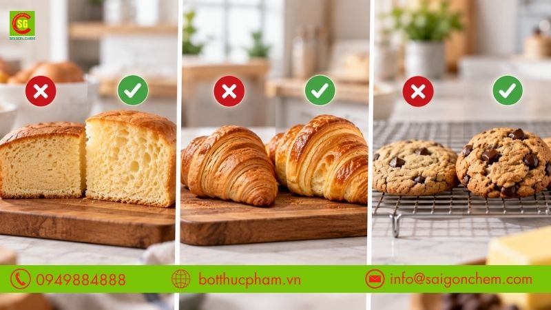 So s&aacute;nh b&aacute;nh b&ocirc;ng lan bị đặc ruột, croissant kh&ocirc;ng t&aacute;ch lớp v&agrave; b&aacute;nh đạt kết cấu chuẩn  
