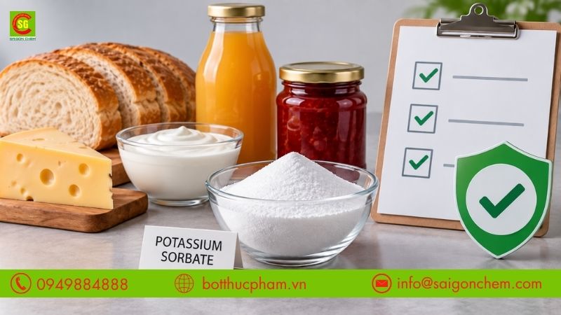 Đ&aacute;nh gi&aacute; Potassium Sorbate c&oacute; an to&agrave;n kh&ocirc;ng dựa tr&ecirc;n liều d&ugrave;ng, loại thực phẩm v&agrave; quy định sử dụng phụ gia